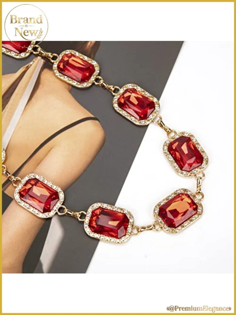 Green Glass Diamond Chain Belt Metal Western Style Dress Belt